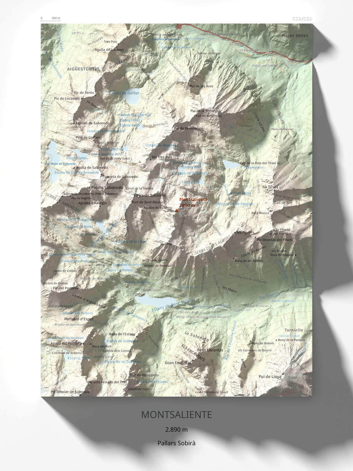 Mapa de relieve de Montsaliente, 2890 m, Pallars Sobirà, lámina 100 Cims de Trobart 30 × 40 cm.