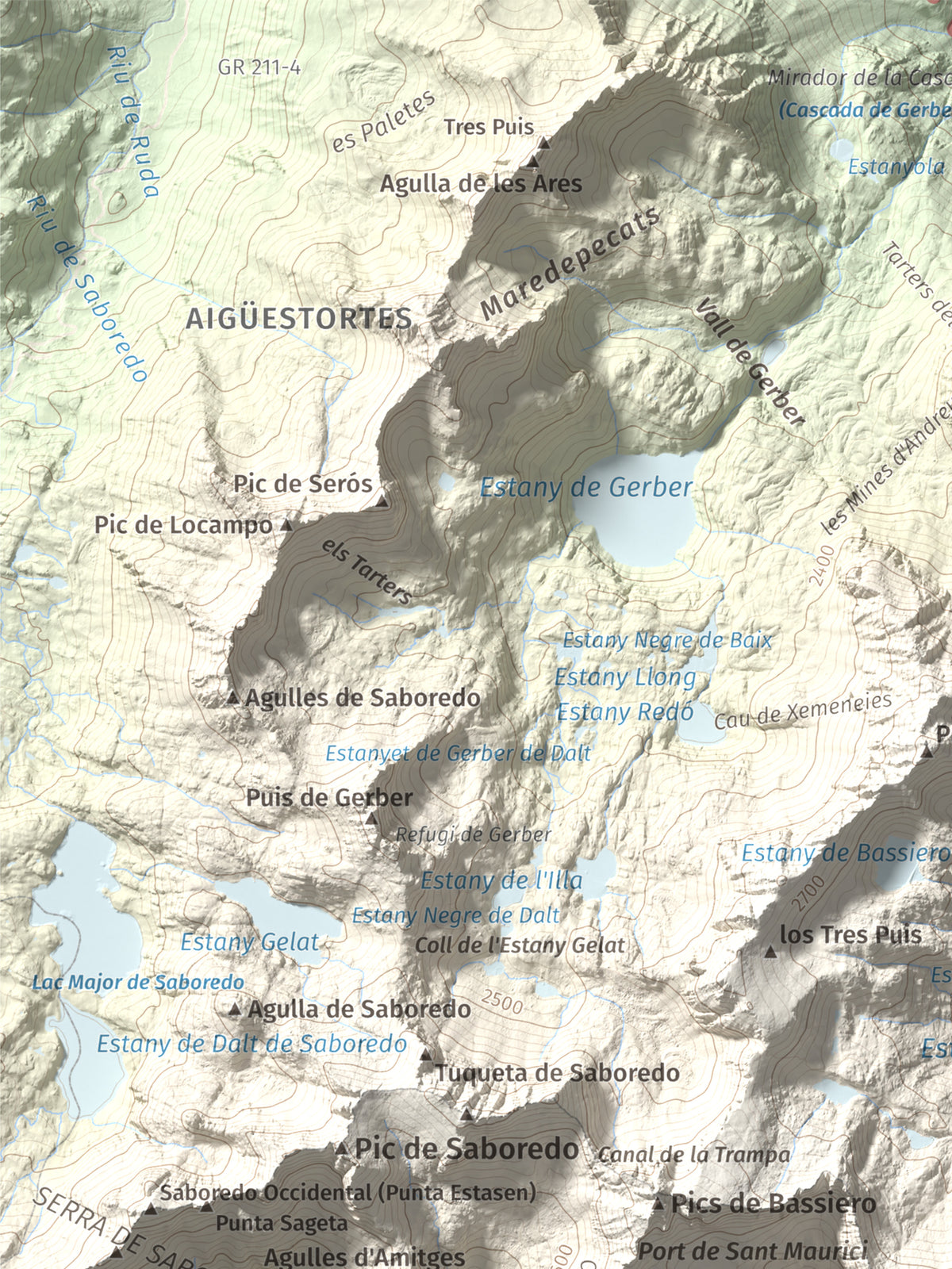Mapa de relieve de Montsaliente, 2890 m, Pallars Sobirà, lámina 100 Cims de Trobart. Detalle de la zona superior izquierda. 30 × 40 cm.