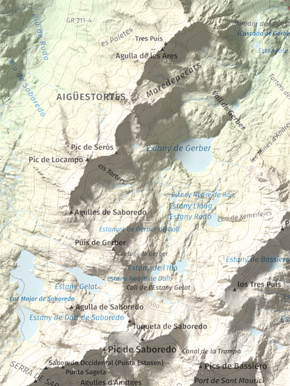 Mapa de relieve de Montsaliente, 2890 m, Pallars Sobirà, lámina 100 Cims de Trobart. Detalle de la zona superior izquierda. 30 × 40 cm.