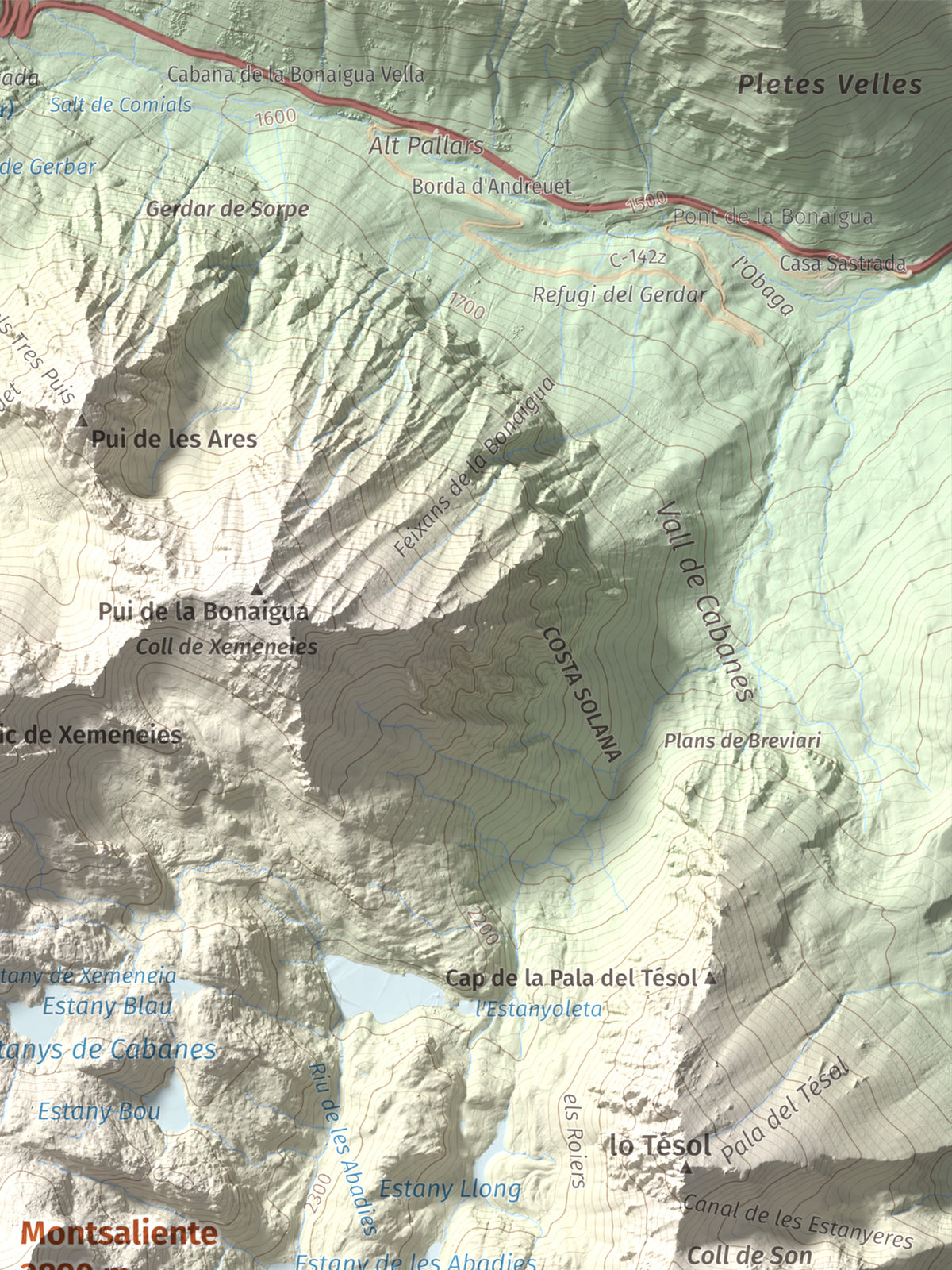 Mapa de relieve de Montsaliente, 2890 m, Pallars Sobirà, lámina 100 Cims de Trobart. Detalle de la zona superior derecha. 30 × 40 cm.