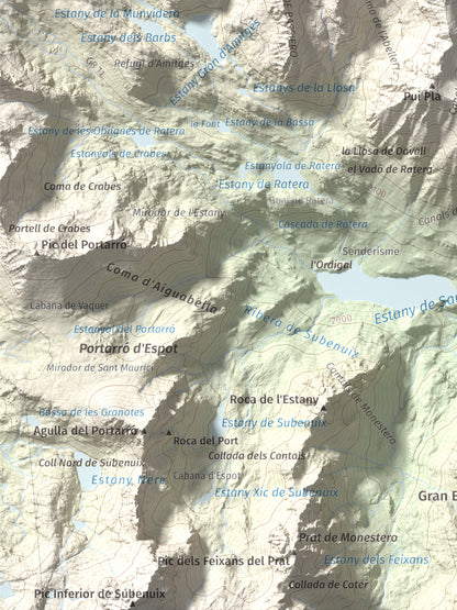 Mapa de relieve de Montsaliente, 2890 m, Pallars Sobirà, lámina 100 Cims de Trobart. Detalle de la zona inferior izquierda. 30 × 40 cm.