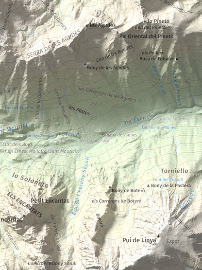 Mapa de relieve de Montsaliente, 2890 m, Pallars Sobirà, lámina 100 Cims de Trobart. Detalle de la zona inferior derecha. 30 × 40 cm.