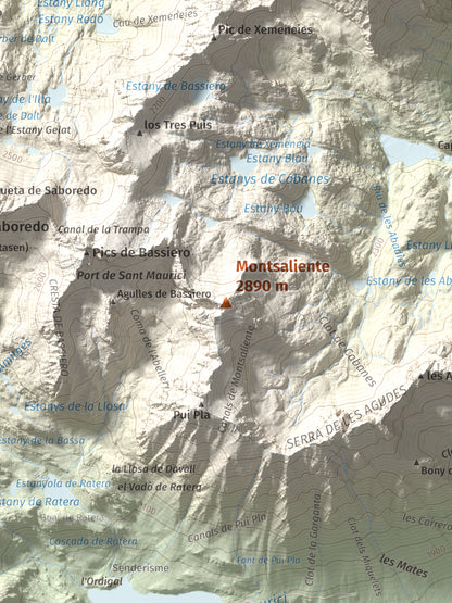 Mapa de relieve de Montsaliente, 2890 m, Pallars Sobirà, lámina 100 Cims de Trobart. Detalle de la zona central. 30 × 40 cm.