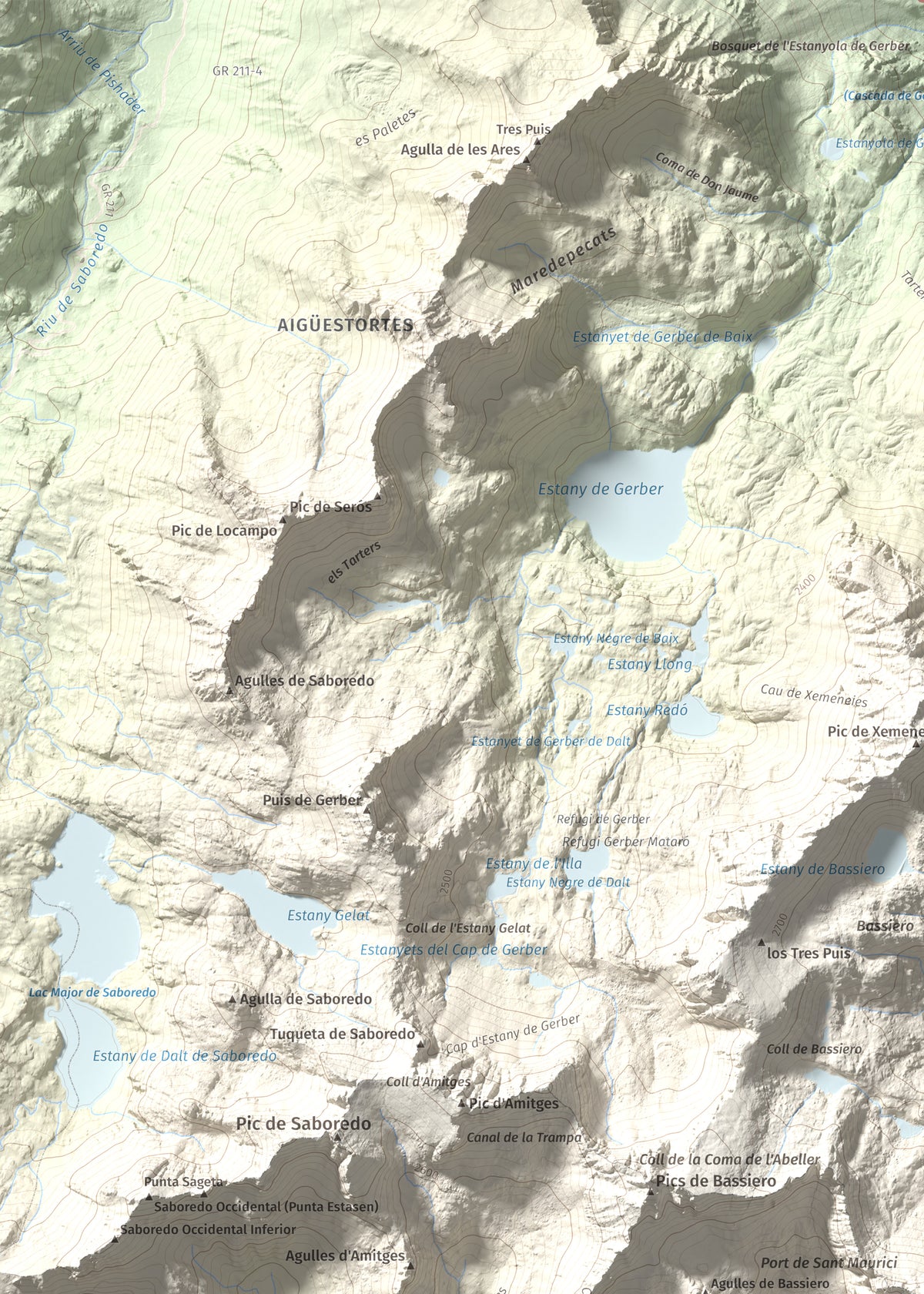 Mapa de relieve de Montsaliente, 2890 m, Pallars Sobirà, lámina 100 Cims de Trobart. Detalle de la zona superior izquierda. 50 × 70 cm.