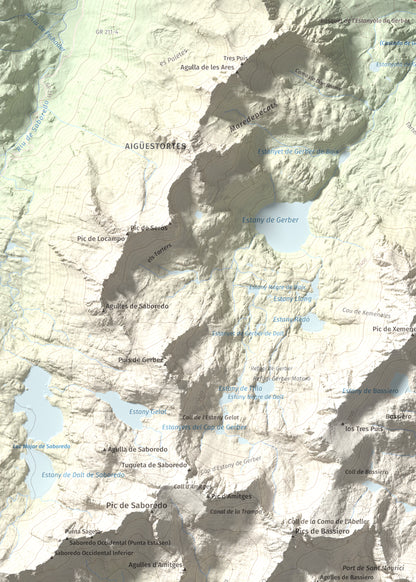 Mapa de relieve de Montsaliente, 2890 m, Pallars Sobirà, lámina 100 Cims de Trobart. Detalle de la zona superior izquierda. 50 × 70 cm.