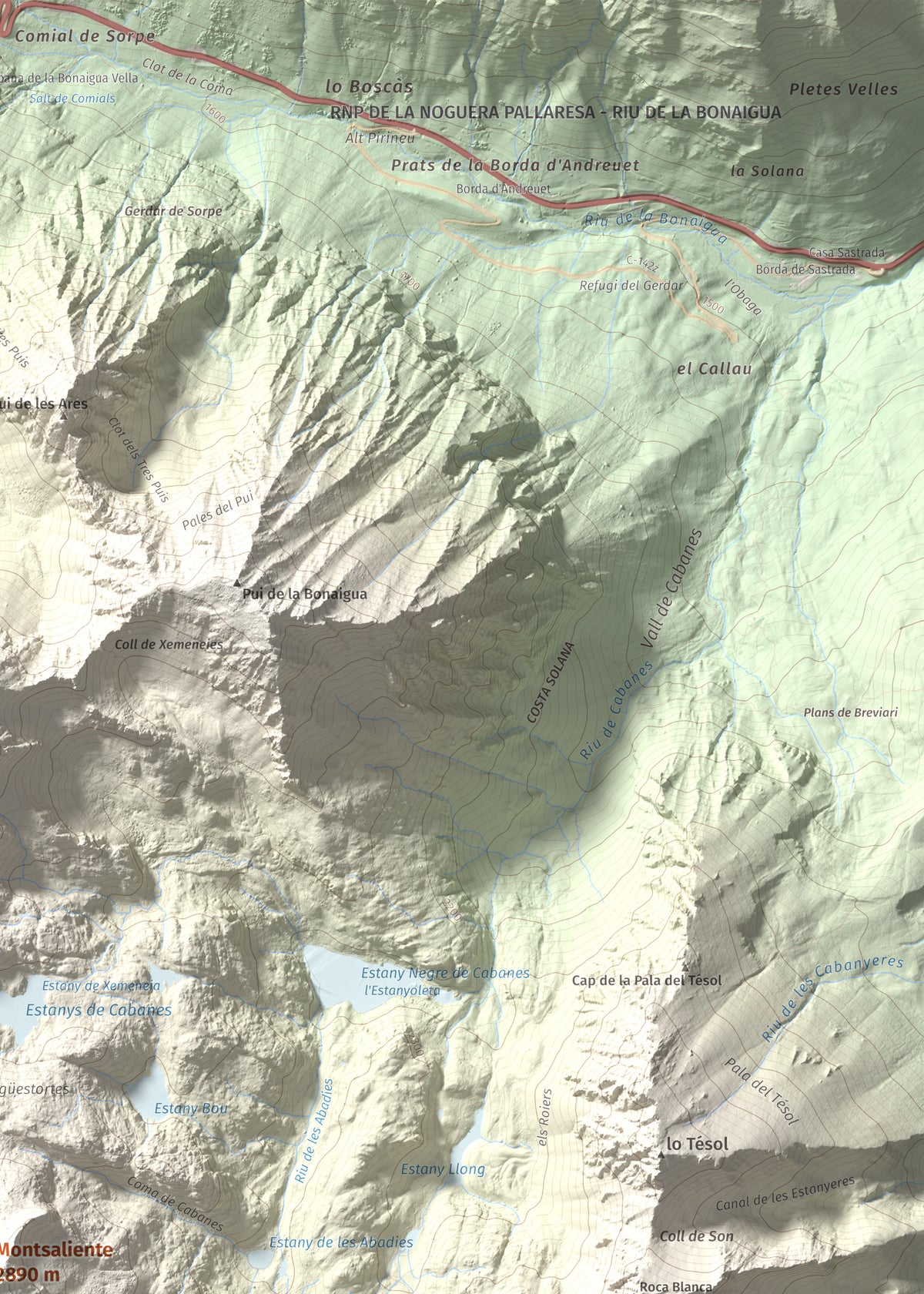 Mapa de relieve de Montsaliente, 2890 m, Pallars Sobirà, lámina 100 Cims de Trobart. Detalle de la zona superior derecha. 50 × 70 cm.