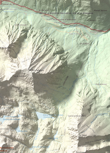 Mapa de relieve de Montsaliente, 2890 m, Pallars Sobirà, lámina 100 Cims de Trobart. Detalle de la zona superior derecha. 50 × 70 cm.