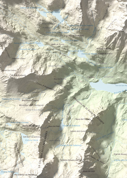 Mapa de relieve de Montsaliente, 2890 m, Pallars Sobirà, lámina 100 Cims de Trobart. Detalle de la zona inferior izquierda. 50 × 70 cm.