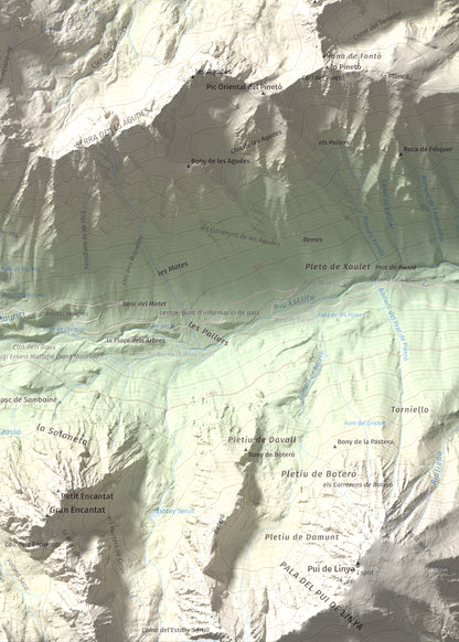 Mapa de relieve de Montsaliente, 2890 m, Pallars Sobirà, lámina 100 Cims de Trobart. Detalle de la zona inferior derecha. 50 × 70 cm.