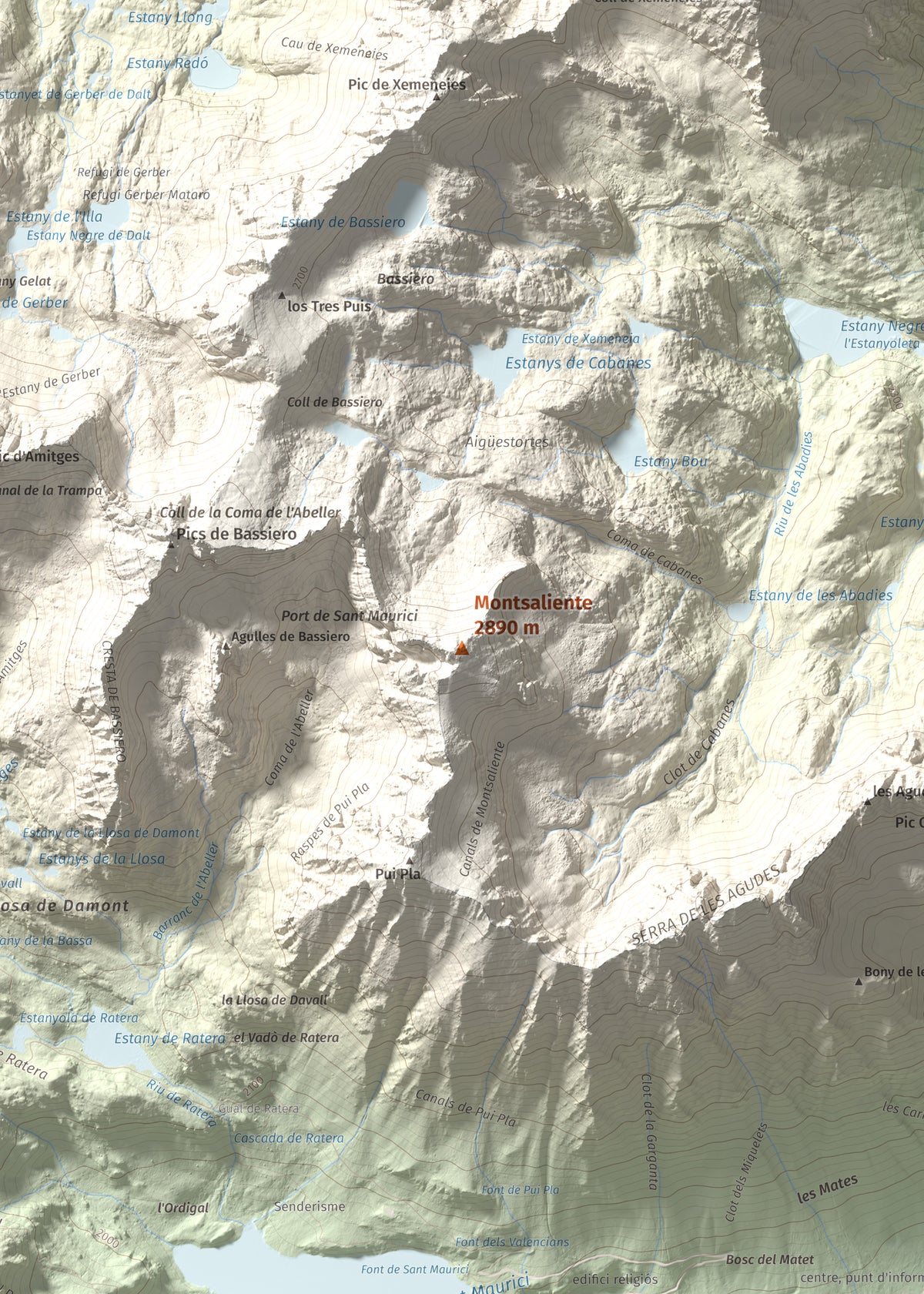 Mapa de relieve de Montsaliente, 2890 m, Pallars Sobirà, lámina 100 Cims de Trobart. Detalle de la zona central. 50 × 70 cm.