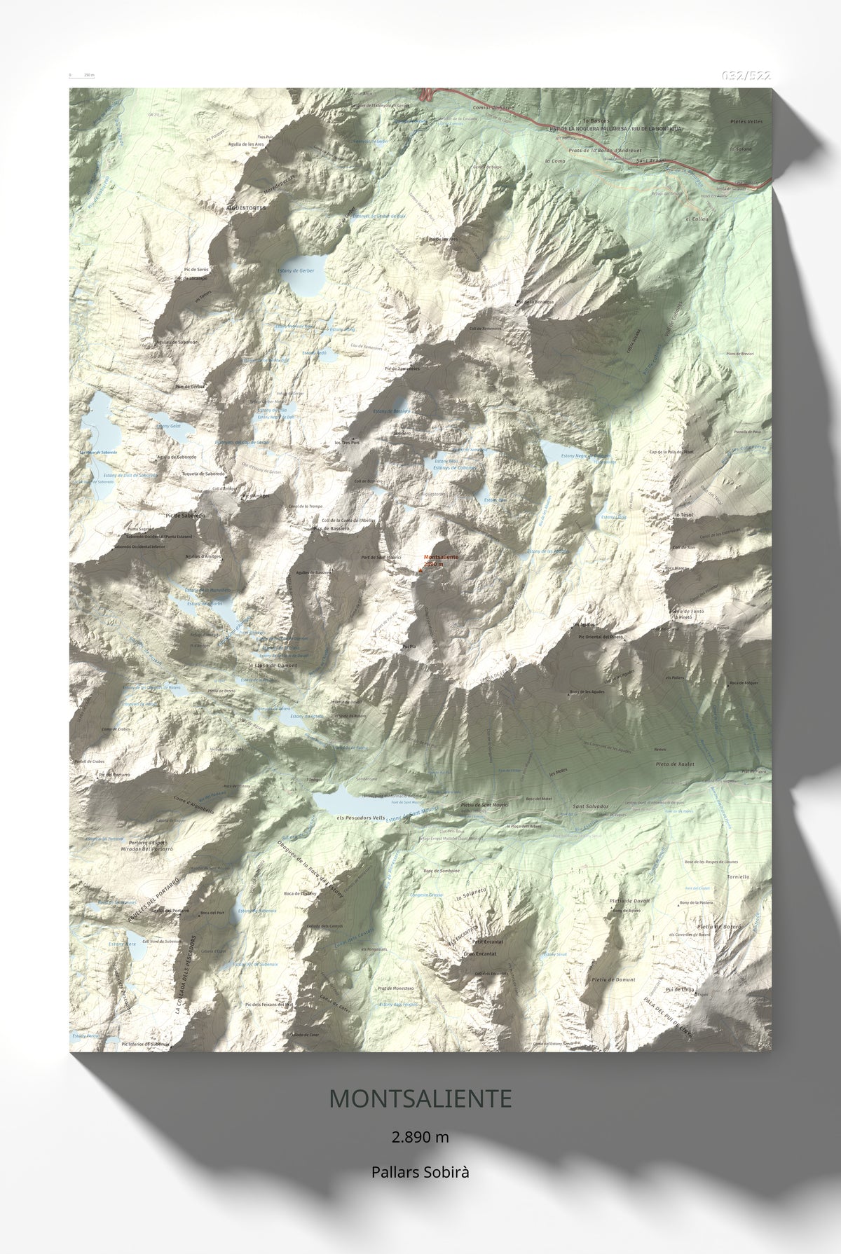 Mapa de relieve de Montsaliente, 2890 m, Pallars Sobirà, lámina 100 Cims de Trobart 61 × 91 cm.