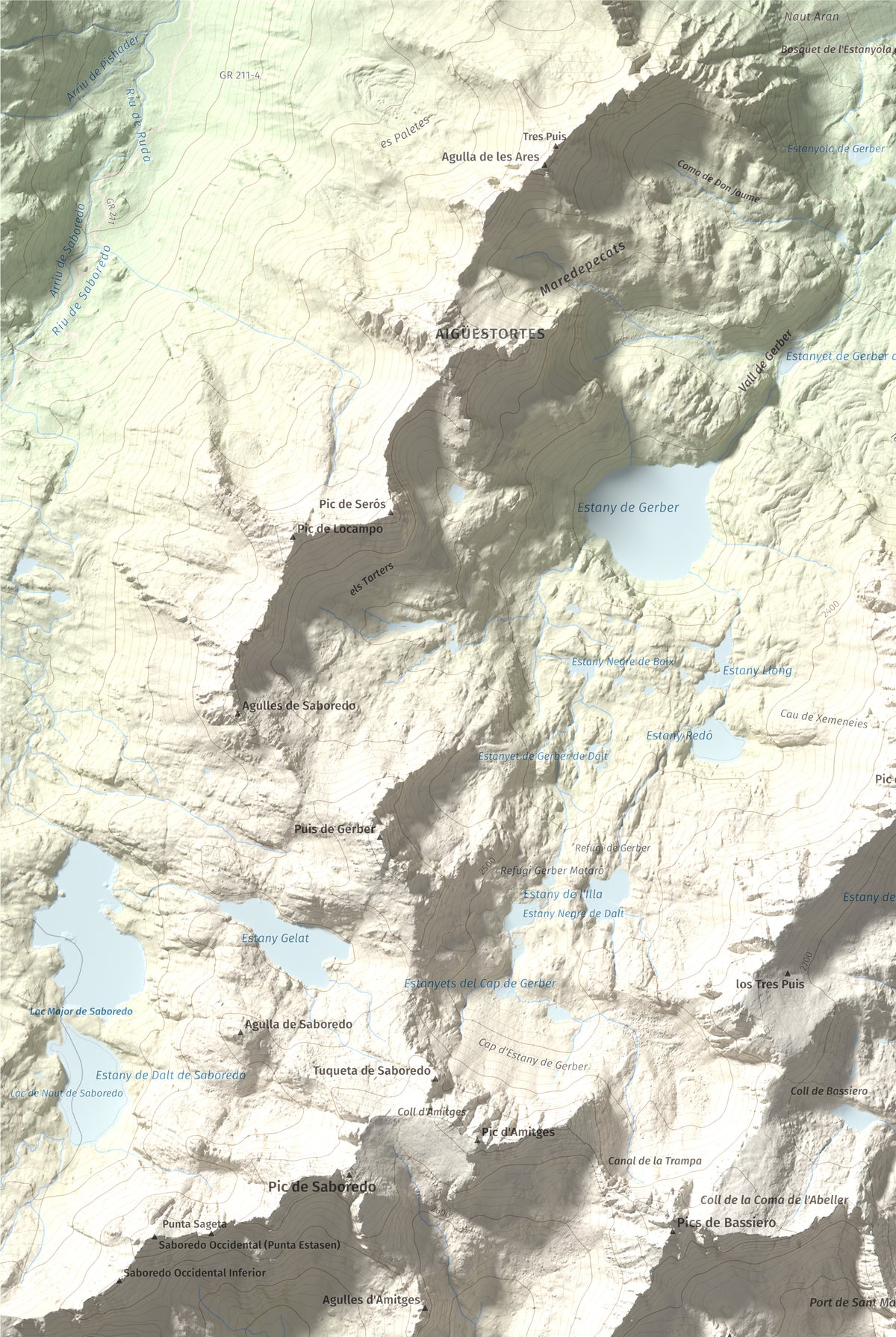 Mapa de relieve de Montsaliente, 2890 m, Pallars Sobirà, lámina 100 Cims de Trobart. Detalle de la zona superior izquierda. 61 × 91 cm.