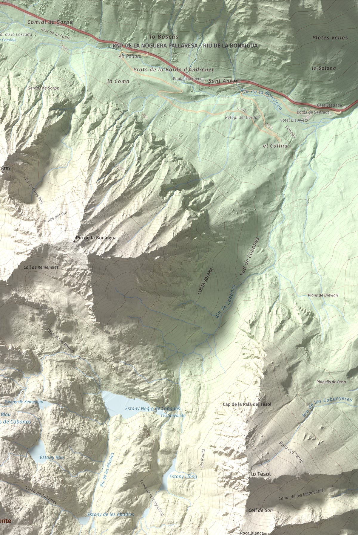 Mapa de relieve de Montsaliente, 2890 m, Pallars Sobirà, lámina 100 Cims de Trobart. Detalle de la zona superior derecha. 61 × 91 cm.
