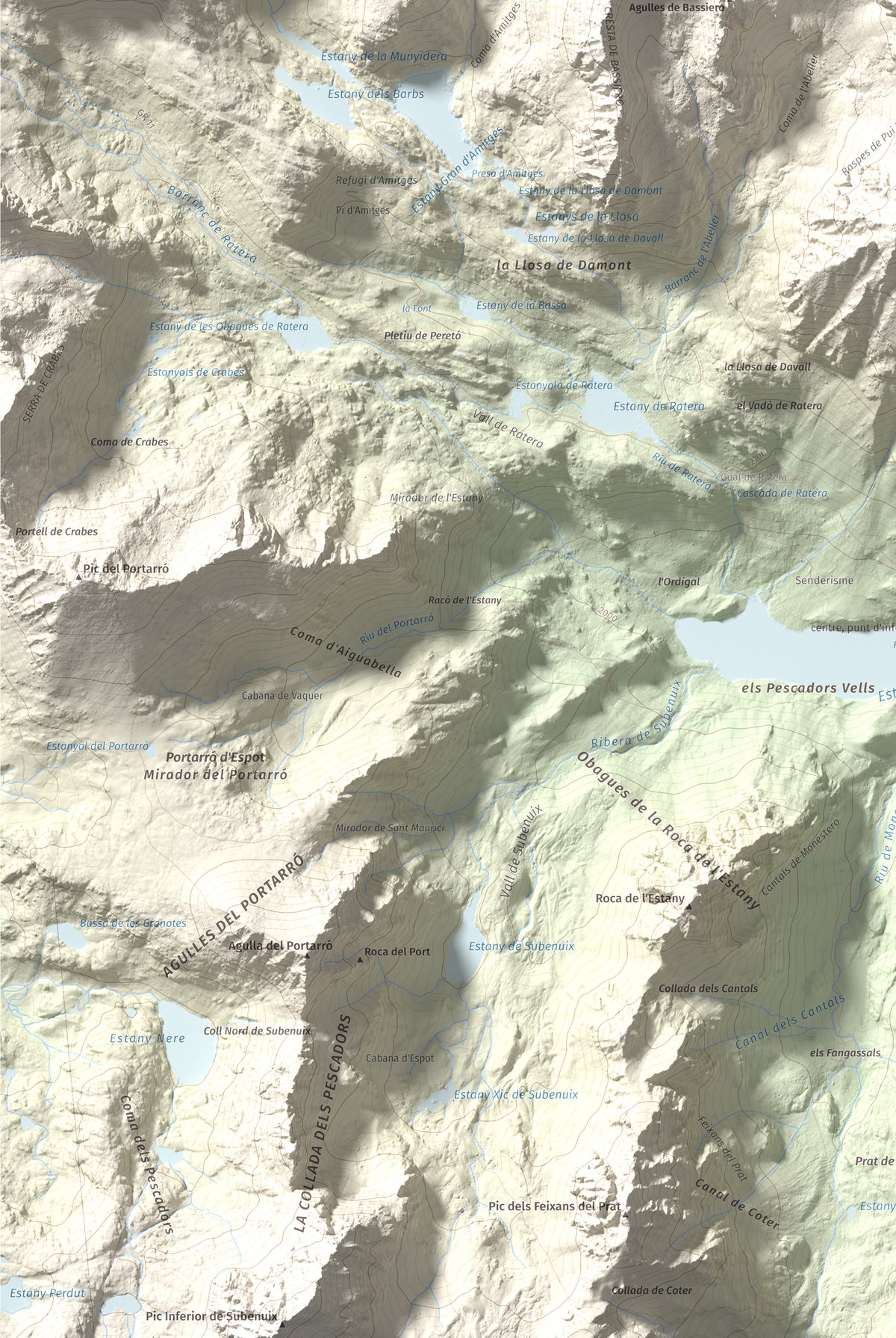 Mapa de relieve de Montsaliente, 2890 m, Pallars Sobirà, lámina 100 Cims de Trobart. Detalle de la zona inferior izquierda. 61 × 91 cm.