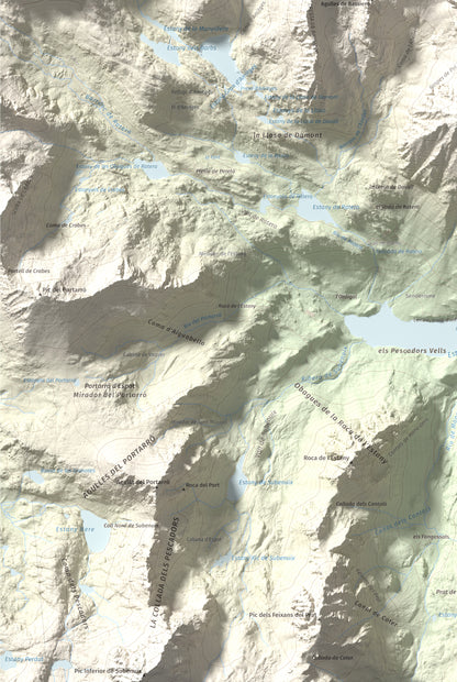Mapa de relieve de Montsaliente, 2890 m, Pallars Sobirà, lámina 100 Cims de Trobart. Detalle de la zona inferior izquierda. 61 × 91 cm.