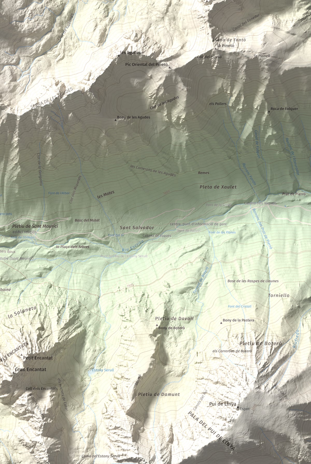 Mapa de relieve de Montsaliente, 2890 m, Pallars Sobirà, lámina 100 Cims de Trobart. Detalle de la zona inferior derecha. 61 × 91 cm.