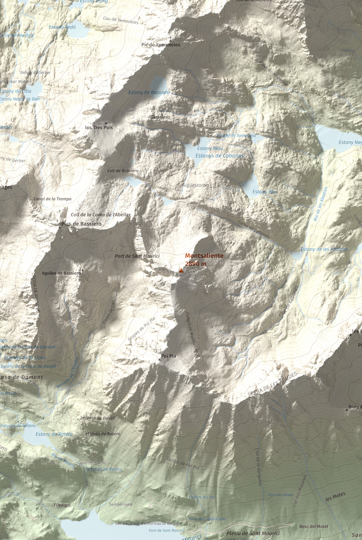 Mapa de relieve de Montsaliente, 2890 m, Pallars Sobirà, lámina 100 Cims de Trobart. Detalle de la zona central. 61 × 91 cm.
