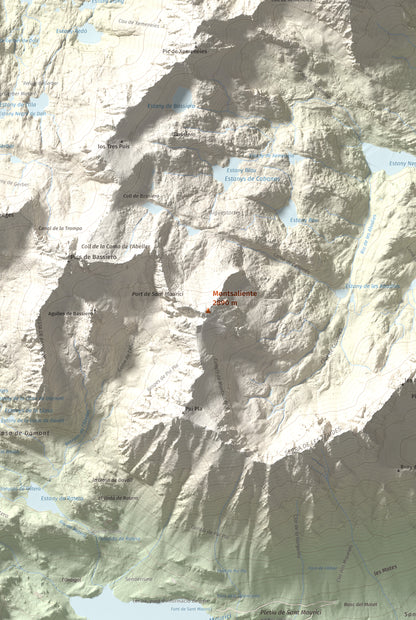 Mapa de relieve de Montsaliente, 2890 m, Pallars Sobirà, lámina 100 Cims de Trobart. Detalle de la zona central. 61 × 91 cm.