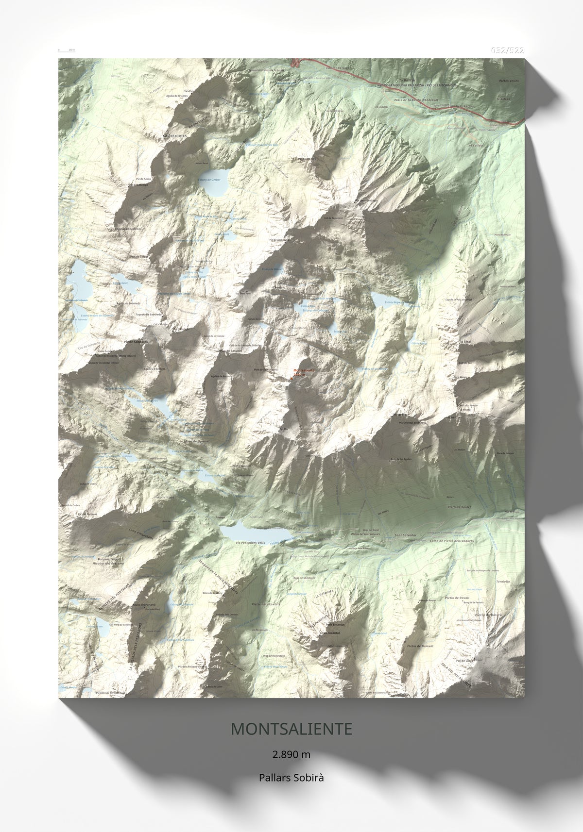 Mapa de relieve de Montsaliente, 2890 m, Pallars Sobirà, lámina 100 Cims de Trobart 70 × 100 cm.
