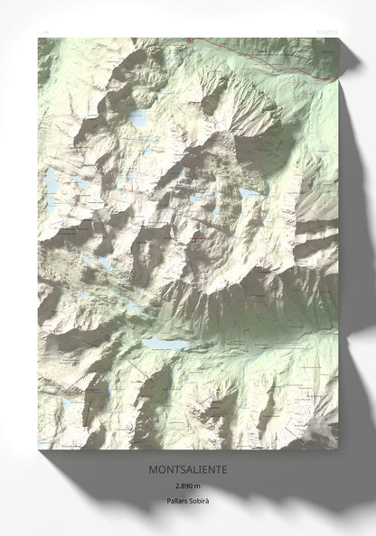 Mapa de relieve de Montsaliente, 2890 m, Pallars Sobirà, lámina 100 Cims de Trobart 70 × 100 cm.