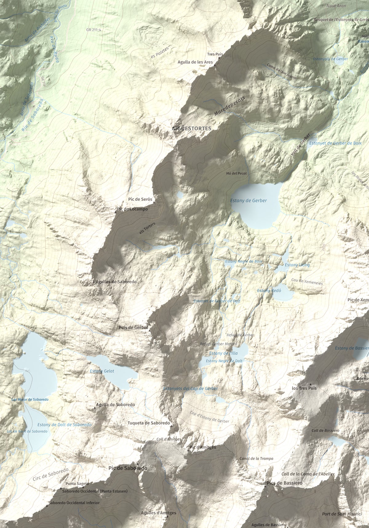 Mapa de relieve de Montsaliente, 2890 m, Pallars Sobirà, lámina 100 Cims de Trobart. Detalle de la zona superior izquierda. 70 × 100 cm.