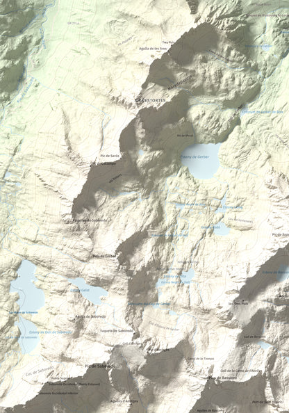 Mapa de relieve de Montsaliente, 2890 m, Pallars Sobirà, lámina 100 Cims de Trobart. Detalle de la zona superior izquierda. 70 × 100 cm.