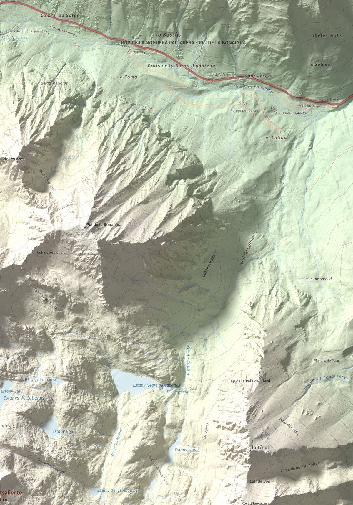 Mapa de relieve de Montsaliente, 2890 m, Pallars Sobirà, lámina 100 Cims de Trobart. Detalle de la zona superior derecha. 70 × 100 cm.