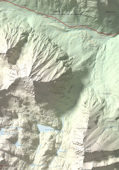 Mapa de relieve de Montsaliente, 2890 m, Pallars Sobirà, lámina 100 Cims de Trobart. Detalle de la zona superior derecha. 70 × 100 cm.