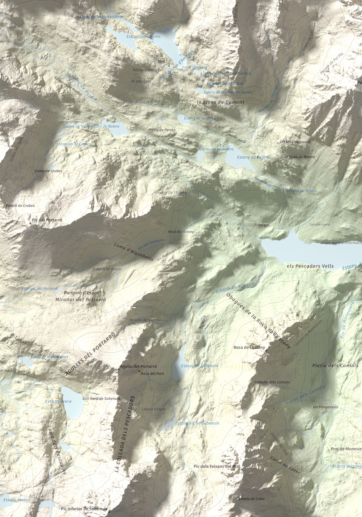 Mapa de relieve de Montsaliente, 2890 m, Pallars Sobirà, lámina 100 Cims de Trobart. Detalle de la zona inferior izquierda. 70 × 100 cm.