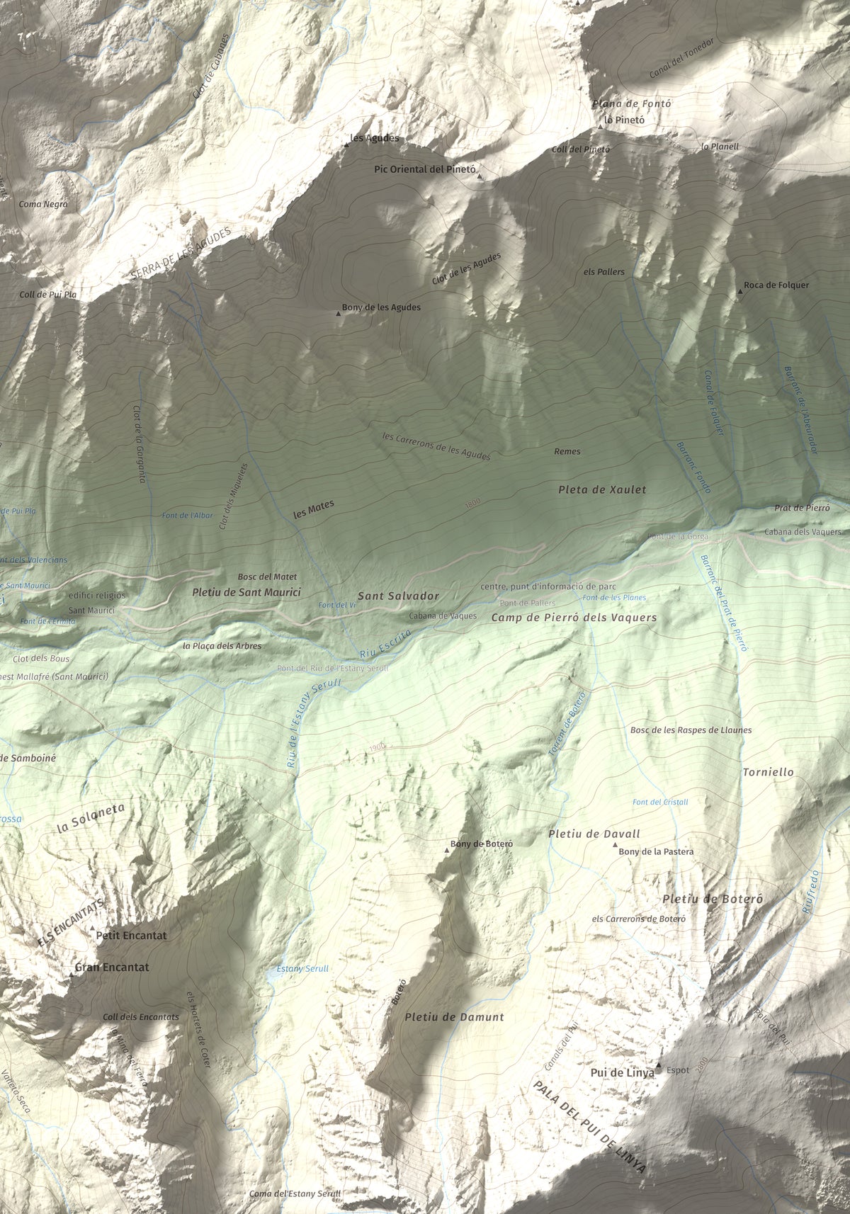 Mapa de relieve de Montsaliente, 2890 m, Pallars Sobirà, lámina 100 Cims de Trobart. Detalle de la zona inferior derecha. 70 × 100 cm.