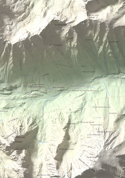 Mapa de relieve de Montsaliente, 2890 m, Pallars Sobirà, lámina 100 Cims de Trobart. Detalle de la zona inferior derecha. 70 × 100 cm.