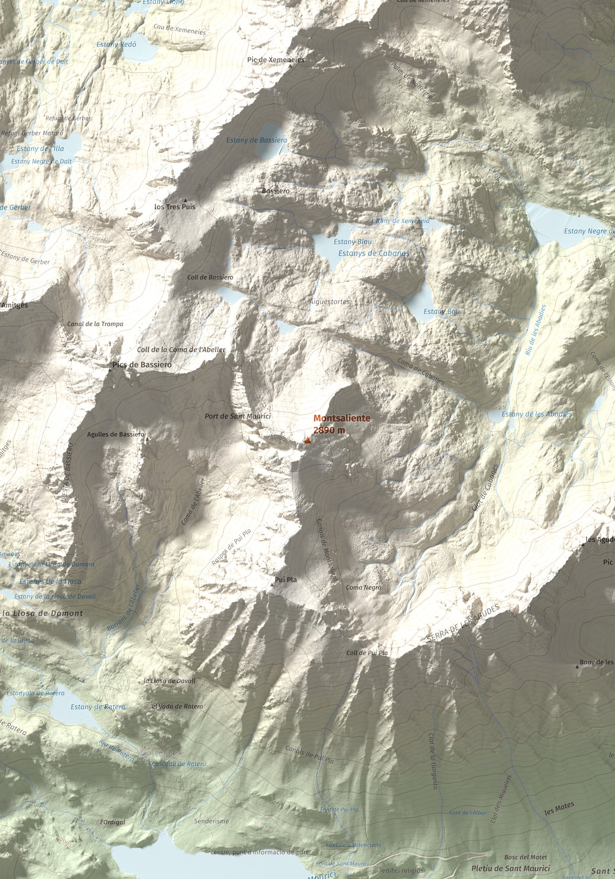 Mapa de relieve de Montsaliente, 2890 m, Pallars Sobirà, lámina 100 Cims de Trobart. Detalle de la zona central. 70 × 100 cm.