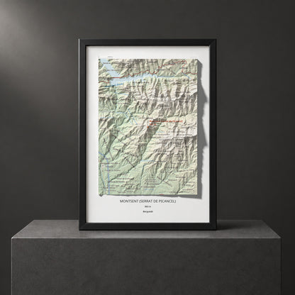 Mapa de relieve de Montsent (Serrat de Picancel), 963 m, Berguedà, lámina 100 Cims de Trobart. Presentación enmarcada. 21 × 30 cm.