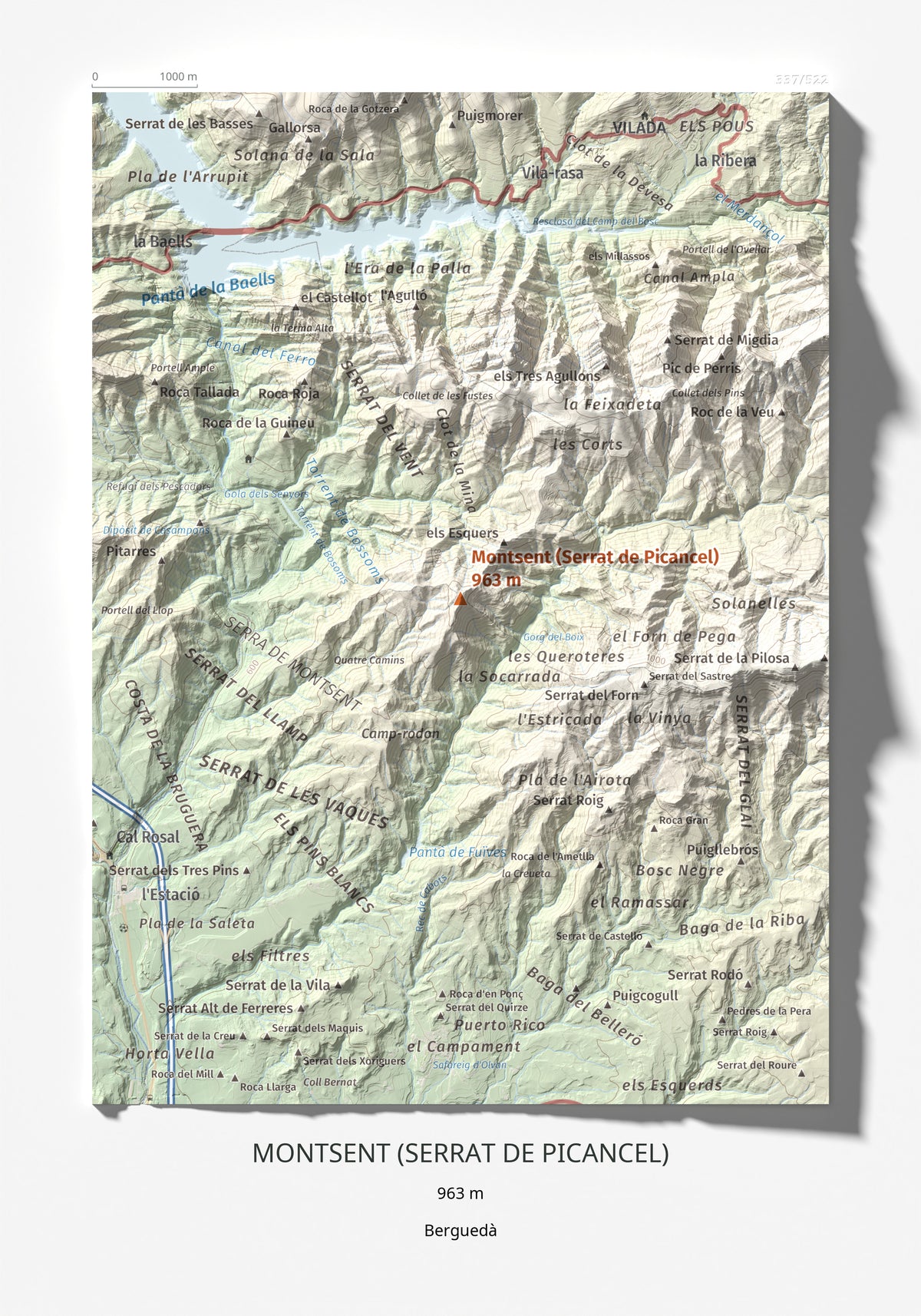 Mapa de relieve de Montsent (Serrat de Picancel), 963 m, Berguedà, lámina 100 Cims de Trobart 21 × 30 cm.