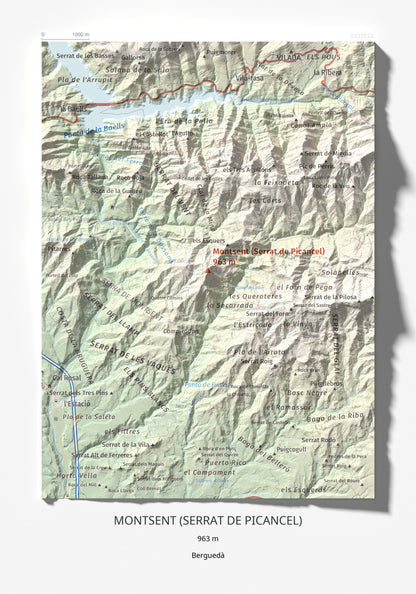 Mapa de relieve de Montsent (Serrat de Picancel), 963 m, Berguedà, lámina 100 Cims de Trobart 21 × 30 cm.