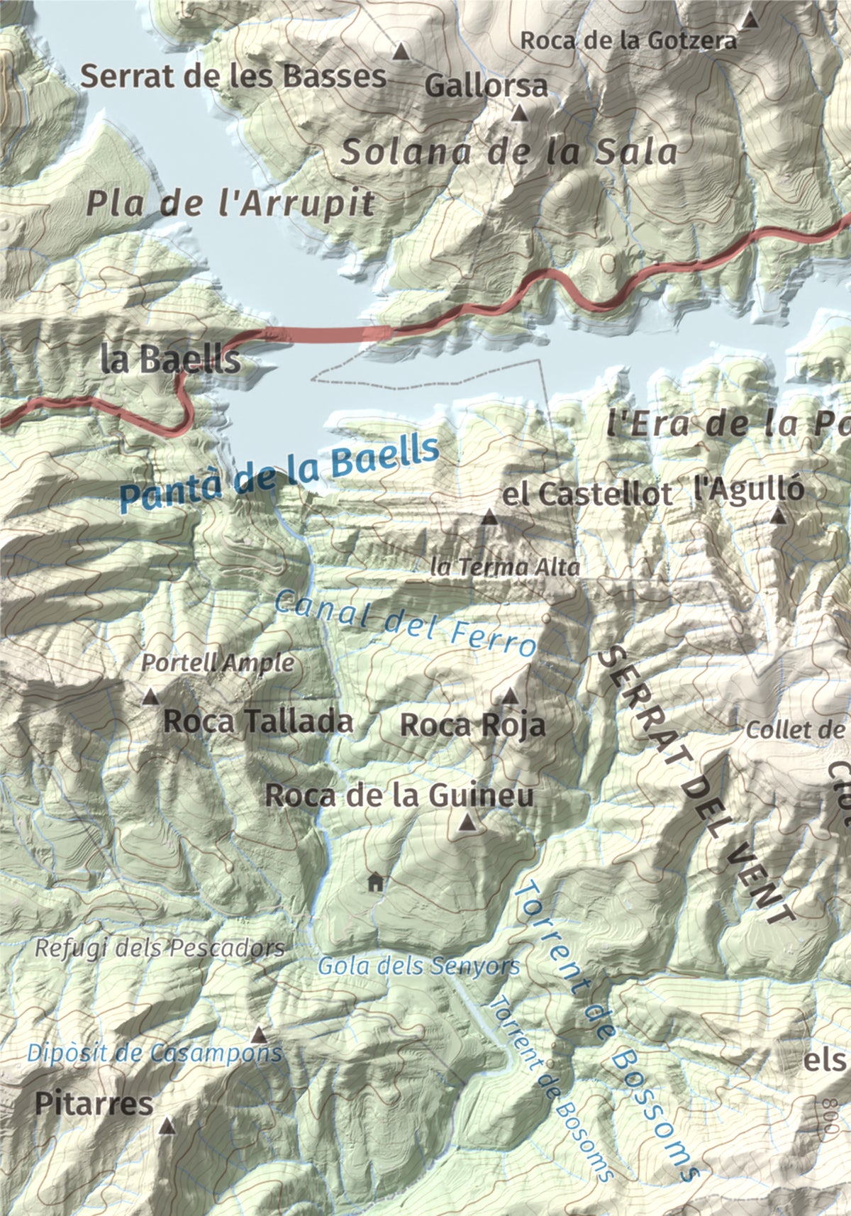 Mapa de relieve de Montsent (Serrat de Picancel), 963 m, Berguedà, lámina 100 Cims de Trobart. Detalle de la zona superior izquierda. 21 × 30 cm.