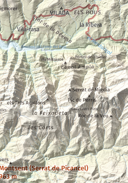 Mapa de relieve de Montsent (Serrat de Picancel), 963 m, Berguedà, lámina 100 Cims de Trobart. Detalle de la zona superior derecha. 21 × 30 cm.