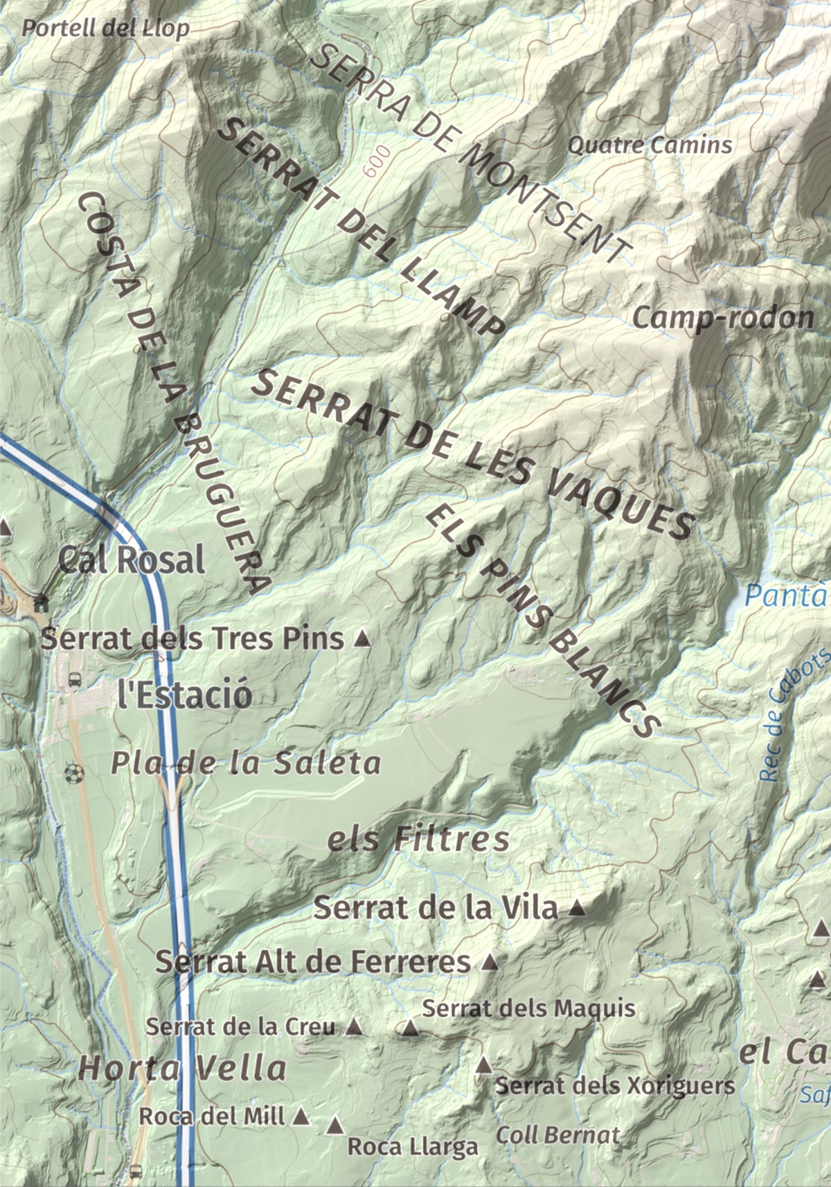 Mapa de relieve de Montsent (Serrat de Picancel), 963 m, Berguedà, lámina 100 Cims de Trobart. Detalle de la zona inferior izquierda. 21 × 30 cm.