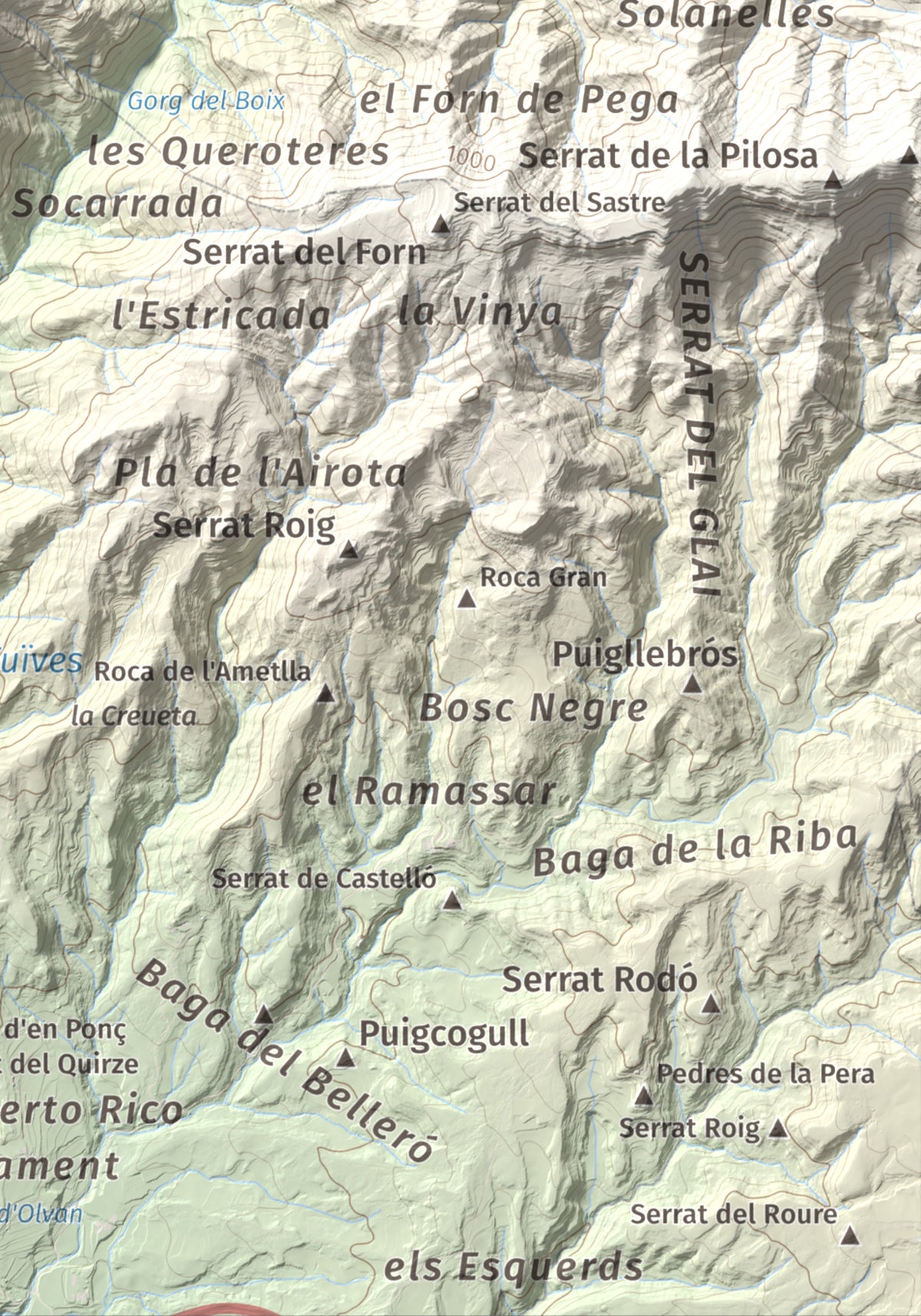 Mapa de relieve de Montsent (Serrat de Picancel), 963 m, Berguedà, lámina 100 Cims de Trobart. Detalle de la zona inferior derecha. 21 × 30 cm.