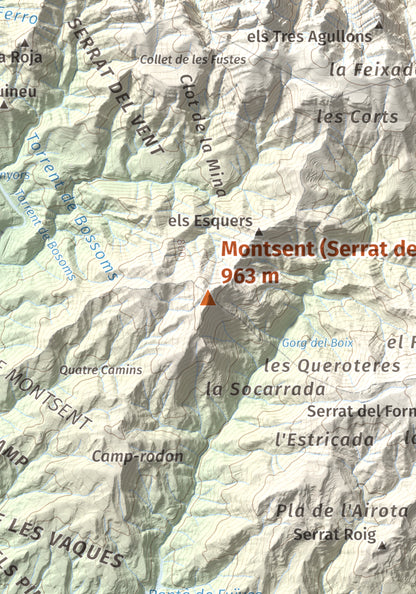 Mapa de relieve de Montsent (Serrat de Picancel), 963 m, Berguedà, lámina 100 Cims de Trobart. Detalle de la zona central. 21 × 30 cm.