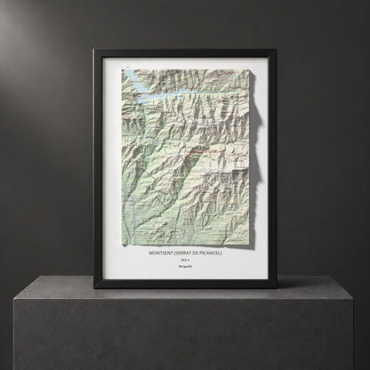 Mapa de relieve de Montsent (Serrat de Picancel), 963 m, Berguedà, lámina 100 Cims de Trobart. Presentación enmarcada. 30 × 40 cm.