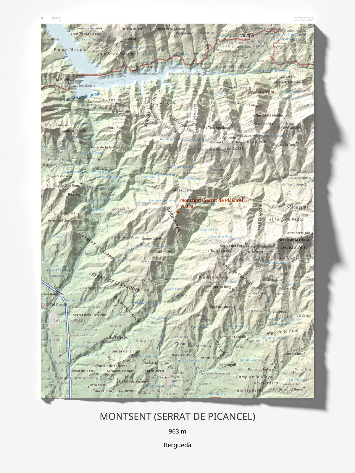 Mapa de relieve de Montsent (Serrat de Picancel), 963 m, Berguedà, lámina 100 Cims de Trobart 30 × 40 cm.