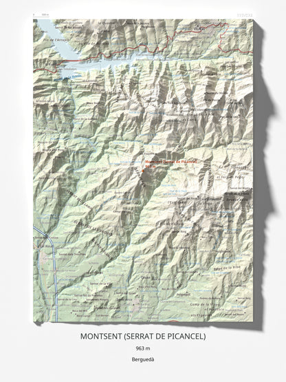 Mapa de relieve de Montsent (Serrat de Picancel), 963 m, Berguedà, lámina 100 Cims de Trobart 30 × 40 cm.