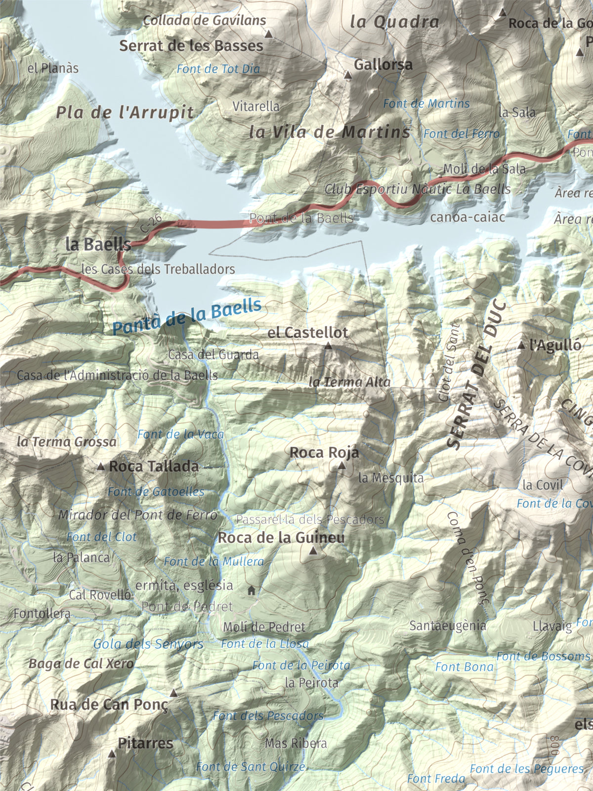 Mapa de relieve de Montsent (Serrat de Picancel), 963 m, Berguedà, lámina 100 Cims de Trobart. Detalle de la zona superior izquierda. 30 × 40 cm.