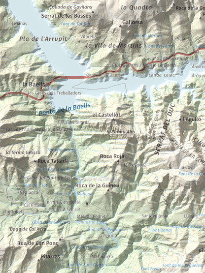 Mapa de relieve de Montsent (Serrat de Picancel), 963 m, Berguedà, lámina 100 Cims de Trobart. Detalle de la zona superior izquierda. 30 × 40 cm.
