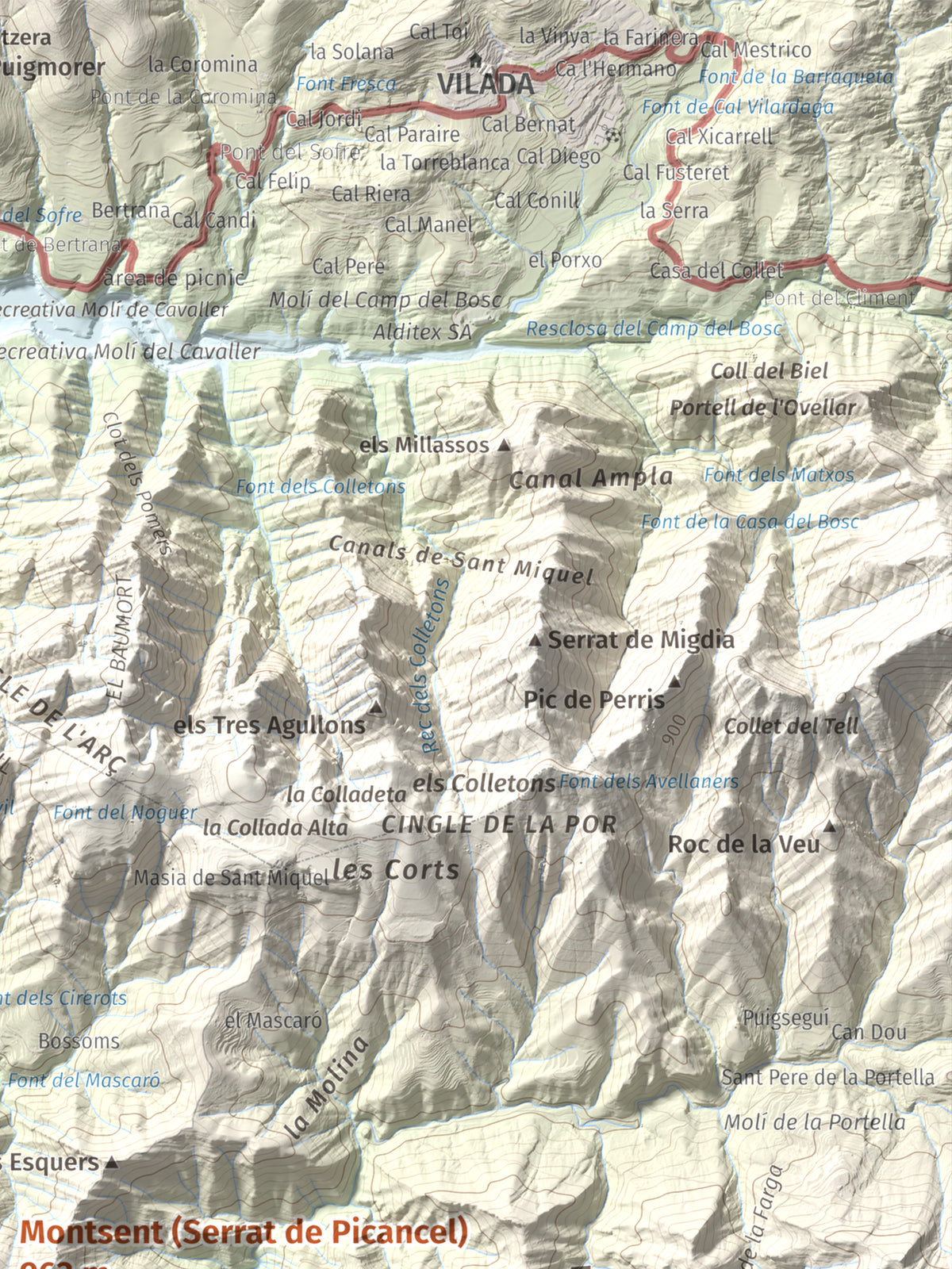 Mapa de relieve de Montsent (Serrat de Picancel), 963 m, Berguedà, lámina 100 Cims de Trobart. Detalle de la zona superior derecha. 30 × 40 cm.