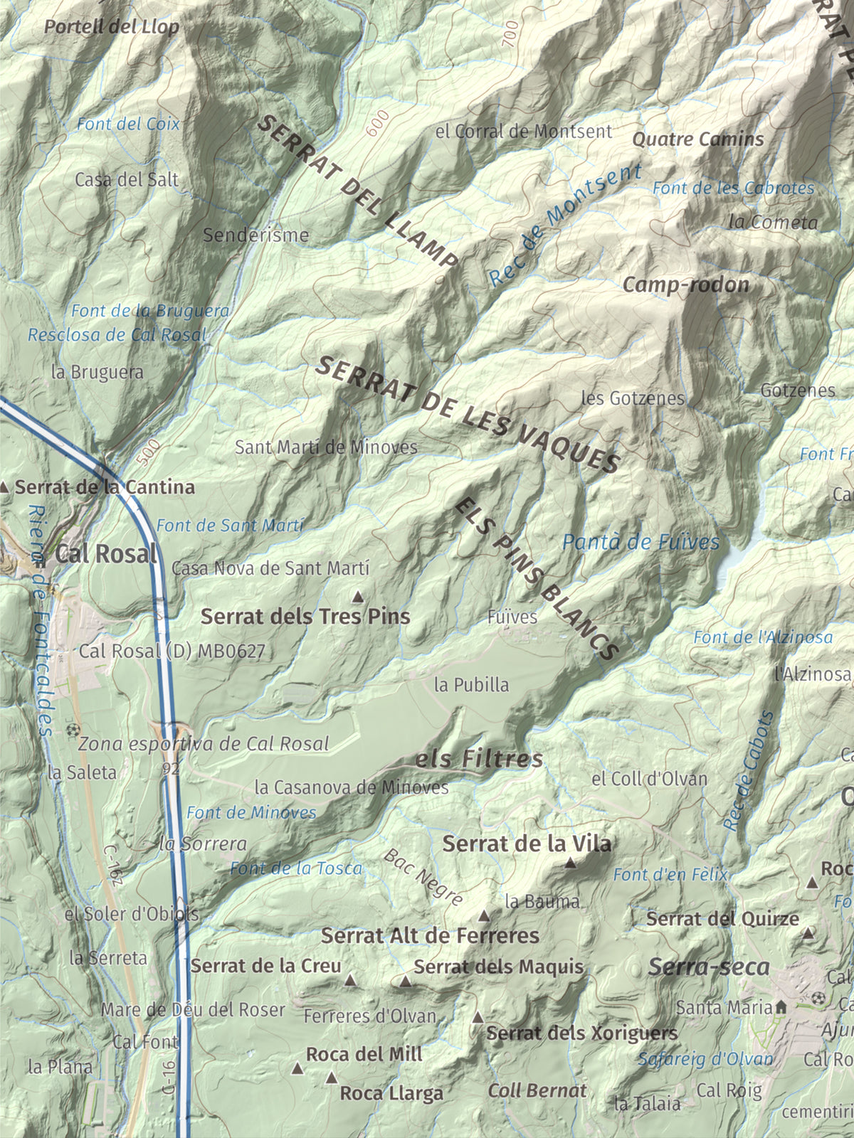 Mapa de relieve de Montsent (Serrat de Picancel), 963 m, Berguedà, lámina 100 Cims de Trobart. Detalle de la zona inferior izquierda. 30 × 40 cm.