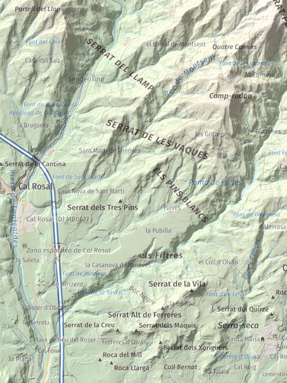 Mapa de relieve de Montsent (Serrat de Picancel), 963 m, Berguedà, lámina 100 Cims de Trobart. Detalle de la zona inferior izquierda. 30 × 40 cm.