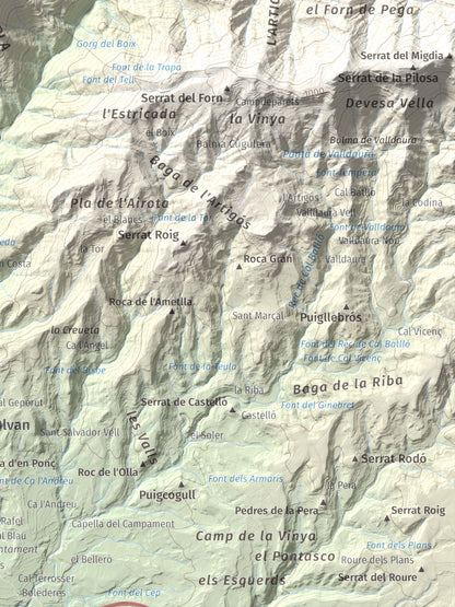 Mapa de relieve de Montsent (Serrat de Picancel), 963 m, Berguedà, lámina 100 Cims de Trobart. Detalle de la zona inferior derecha. 30 × 40 cm.