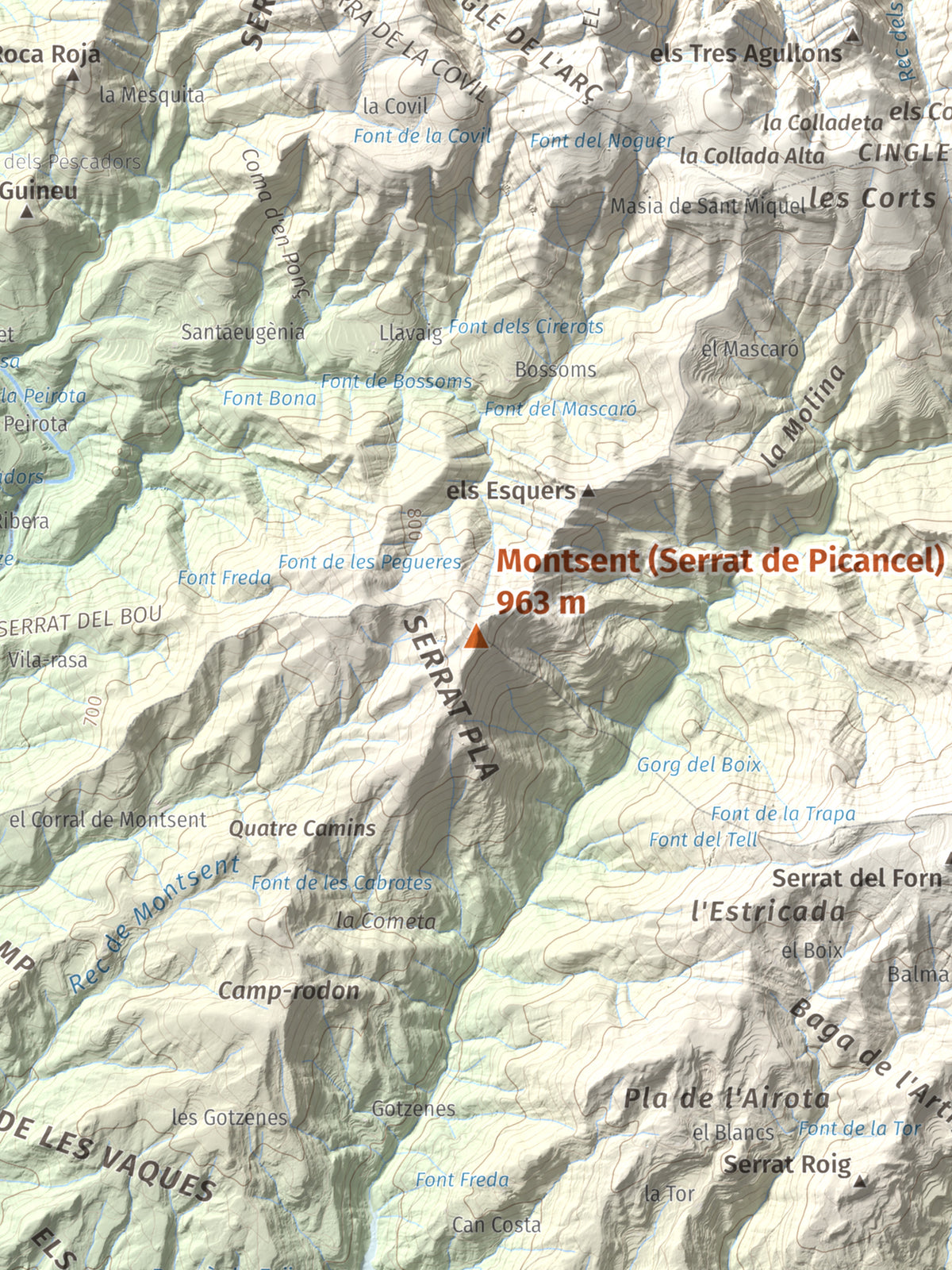 Mapa de relieve de Montsent (Serrat de Picancel), 963 m, Berguedà, lámina 100 Cims de Trobart. Detalle de la zona central. 30 × 40 cm.